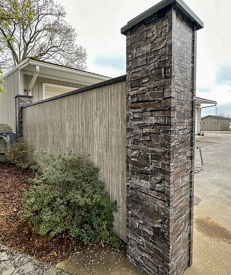 Fence with Board & Batten metal siding, Post with stone-pattern metal siding
