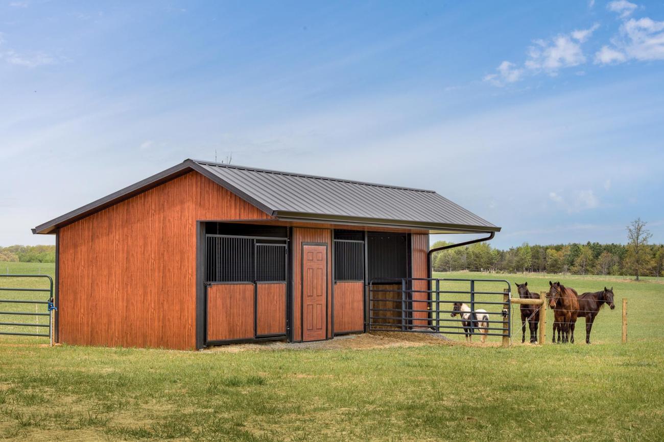 horse run-in shed with board &amp; batten metal siding
