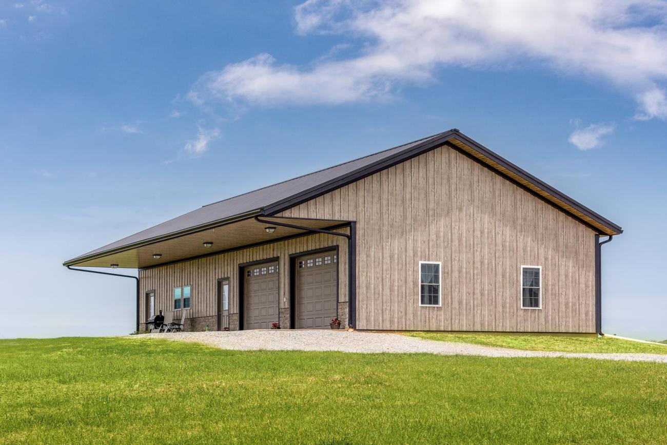 Metal board &amp; batten siding on a garage.